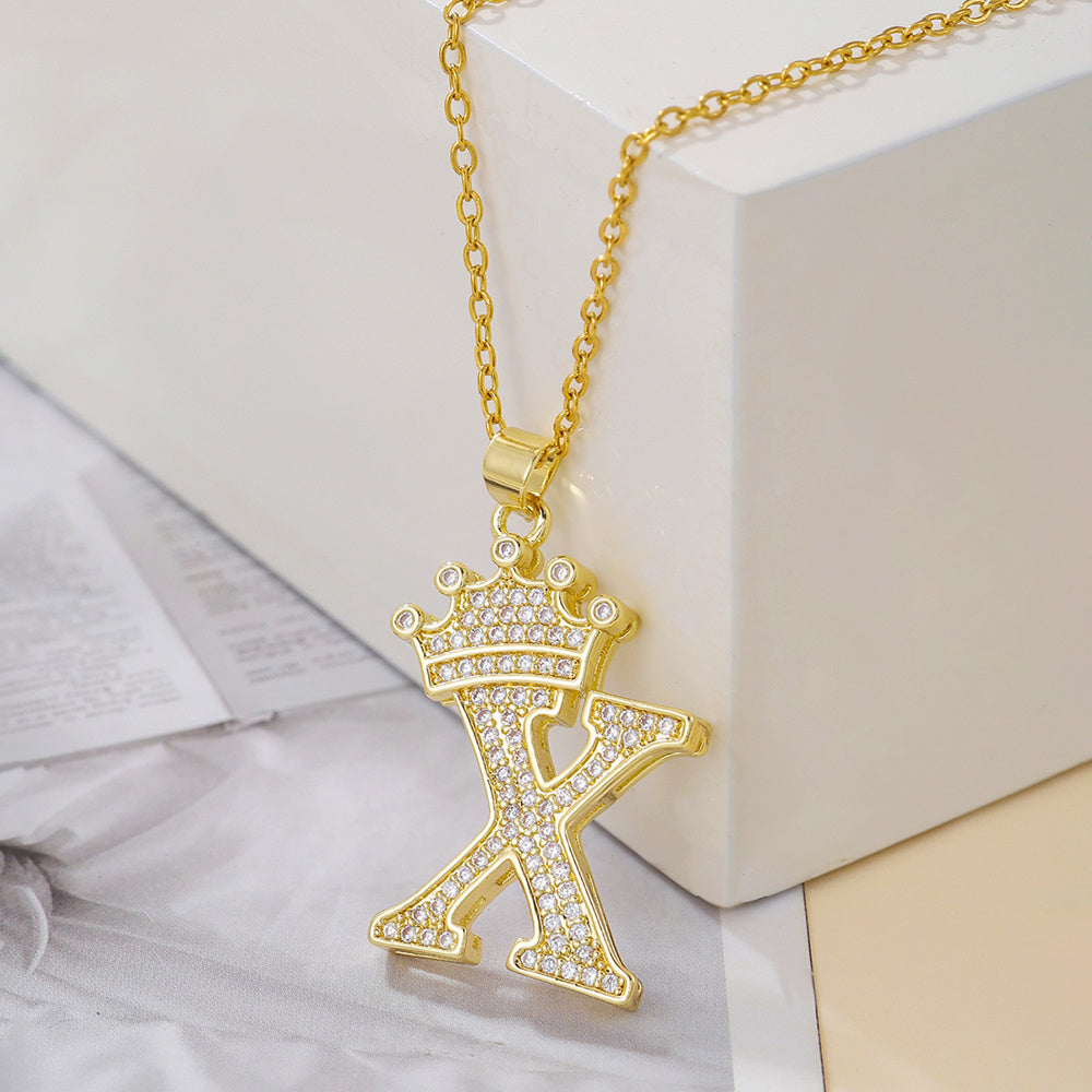 1PCS Fashionable Gold Diamond Crown Uppercase Letter Popular Pendant Necklace Suitable For Daily Use Festivals Parties Gifts Jewelry Set