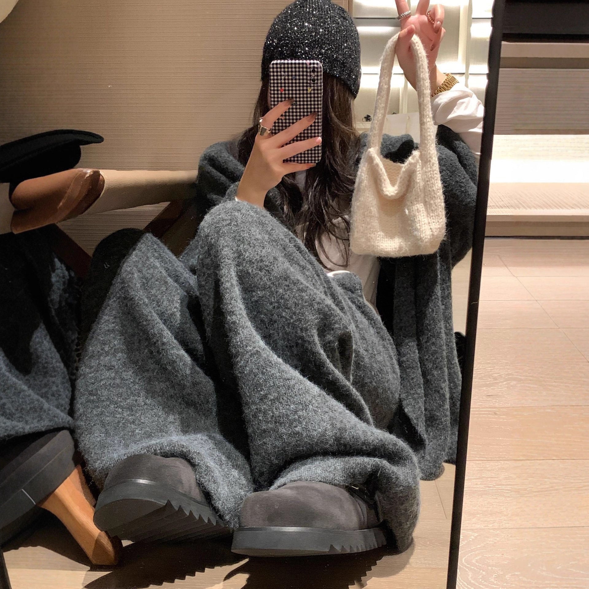 Knitted Women's Loose Sweater Cardigan Wide Leg Pants Two-piece Set