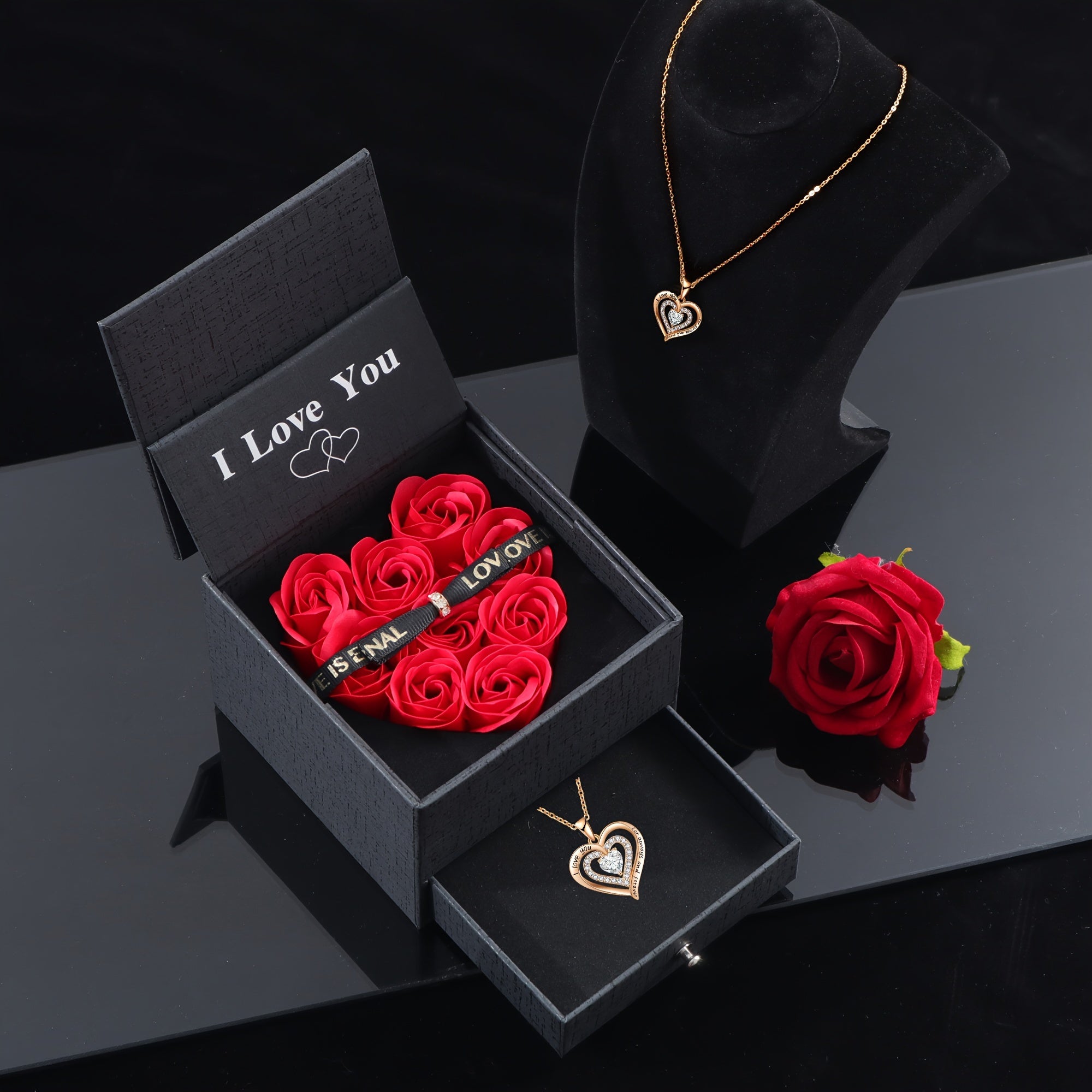 Halloween Gift Set - Eternal Rose Artificial Flowers in Heart-Shaped Box with "I Love You" Golden Heart Pendant Necklace, No Battery, No Electricity Needed - Perfect for Girlfriend, Wife, Mom, Best Friend