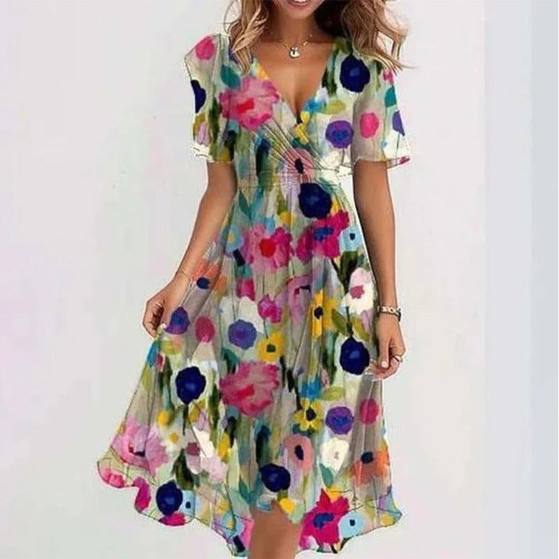Flowers Printed V-neck Dress Summer A-line Short-sleeved Dresses For Women