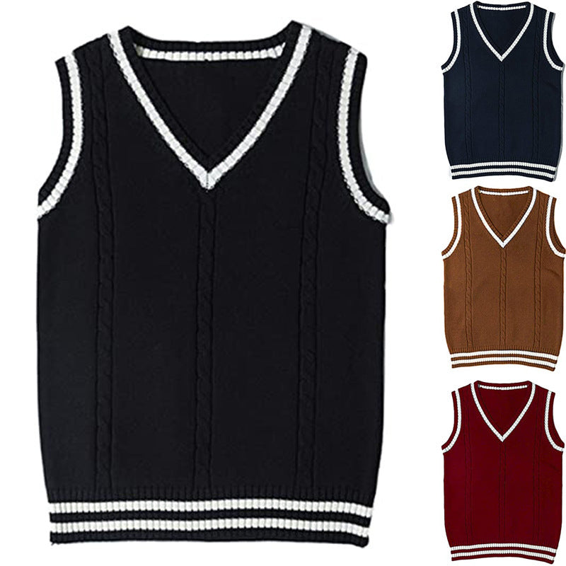 Women's Waistcoat V-neck Striped Stitching Casual Knitted Sweater