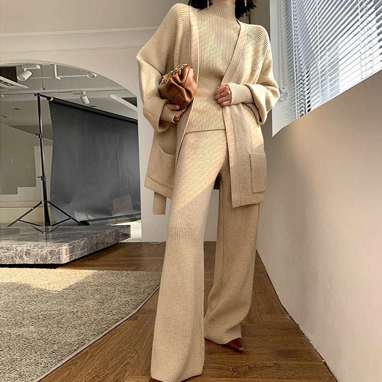 Women's Knitted Wide-leg Pants Sweater Cardigan Three-piece Set