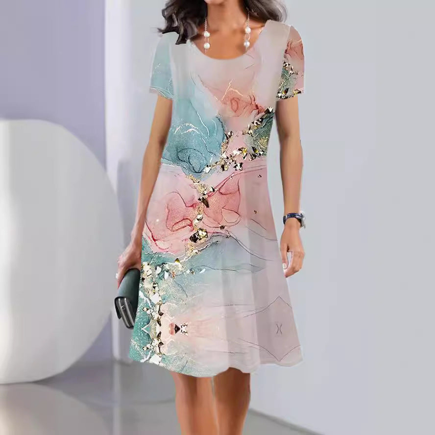 Spring And Summer Print Short Sleeve Round Neck Mid-length Dress