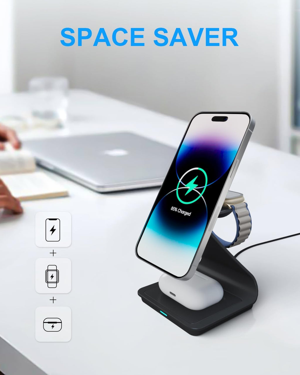 3 in 1 Wireless Charger For iPhone Apple Watch and AirPods Black Aluminium Alloy