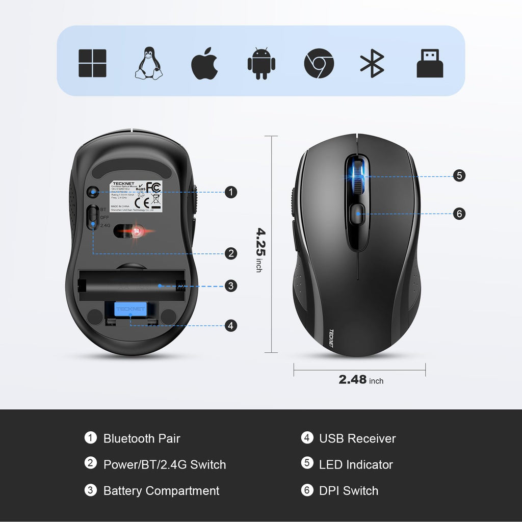 TECKNET Bluetooth Mouse, 4000DPI Wireless Mouse Computer Mice Bluetooth 5.0/3.0 and 2.4GHz Connectivity Mouse with 6 Adjustable DPI,18 Months Long Battery Life Cordless USB Mouse for Laptop PC