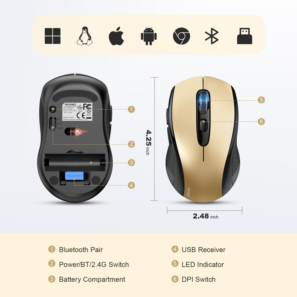 TECKNET Bluetooth Mouse, 4000DPI Wireless Mouse Computer Mice Bluetooth 5.0/3.0 and 2.4GHz Connectivity Mouse with 6 Adjustable DPI,18 Months Long Battery Life Cordless USB Mouse for Laptop PC