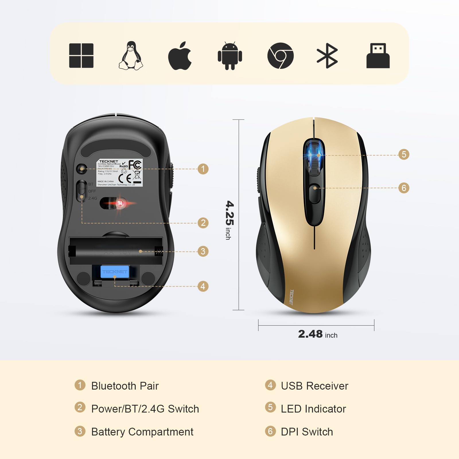 TECKNET Bluetooth Mouse, 4000DPI Wireless Mouse Computer Mice Bluetooth 5.0/3.0 and 2.4GHz Connectivity Mouse with 6 Adjustable DPI,18 Months Long Battery Life Cordless USB Mouse for Laptop PC