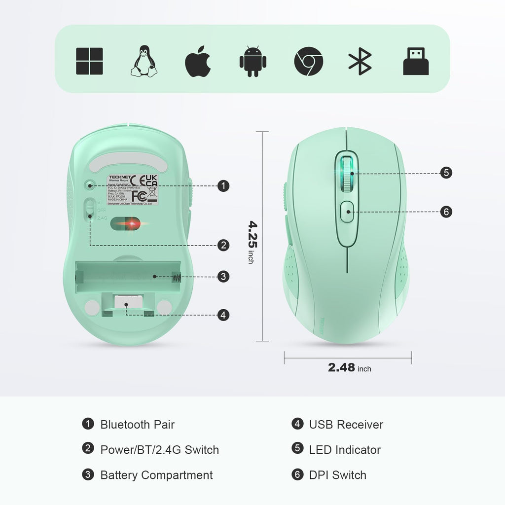 TECKNET Bluetooth Mouse, 4000DPI Wireless Mouse Computer Mice Bluetooth 5.0/3.0 and 2.4GHz Connectivity Mouse with 6 Adjustable DPI,18 Months Long Battery Life Cordless USB Mouse for Laptop PC