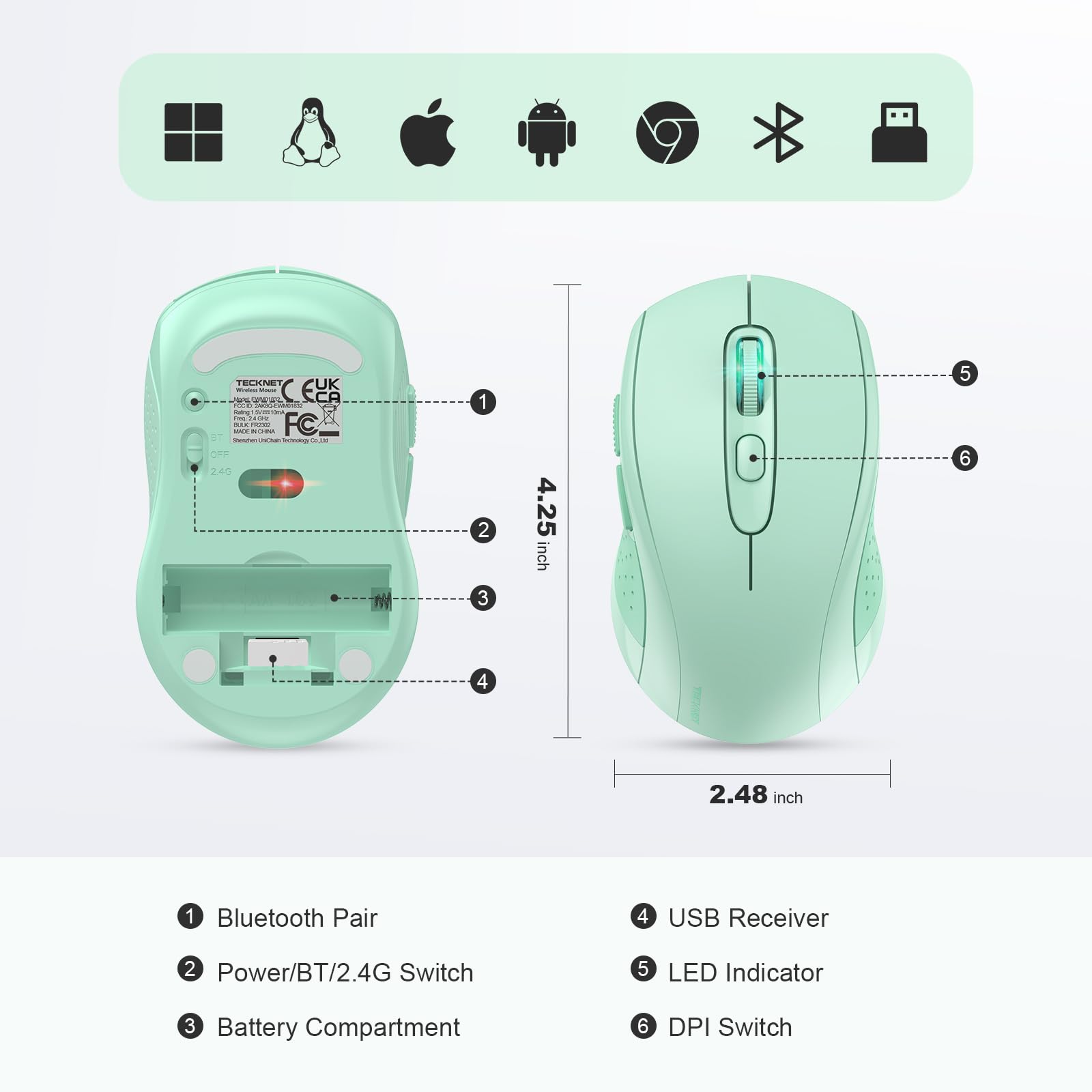 TECKNET Bluetooth Mouse, 4000DPI Wireless Mouse Computer Mice Bluetooth 5.0/3.0 and 2.4GHz Connectivity Mouse with 6 Adjustable DPI,18 Months Long Battery Life Cordless USB Mouse for Laptop PC