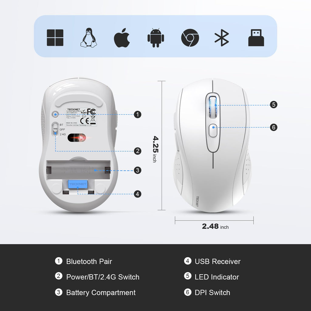 TECKNET Bluetooth Mouse, 4000DPI Wireless Mouse Computer Mice Bluetooth 5.0/3.0 and 2.4GHz Connectivity Mouse with 6 Adjustable DPI,18 Months Long Battery Life Cordless USB Mouse for Laptop PC