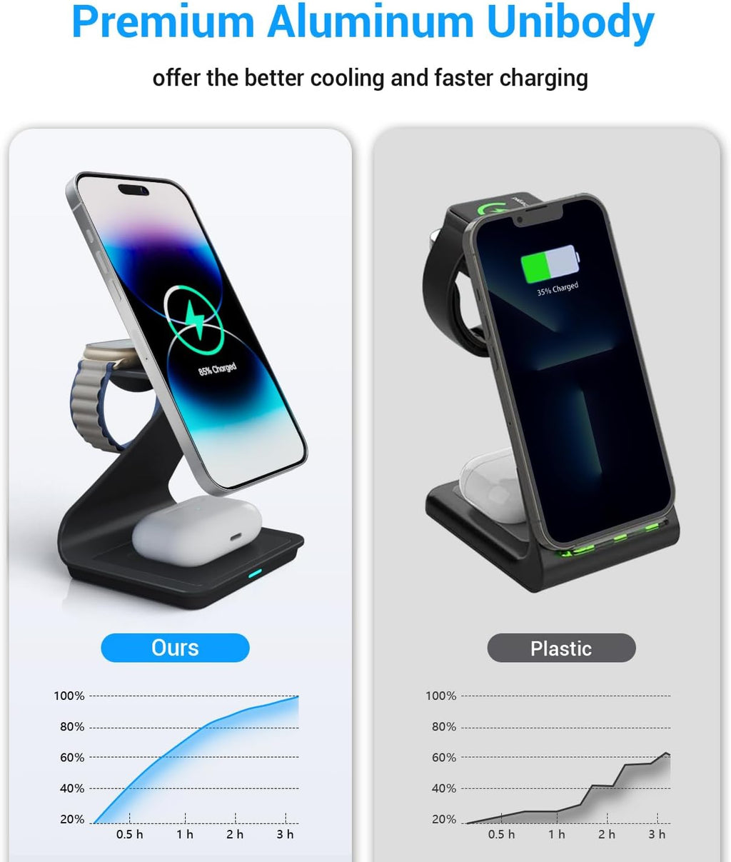 3 in 1 Wireless Charger For iPhone Apple Watch and AirPods Black Aluminium Alloy