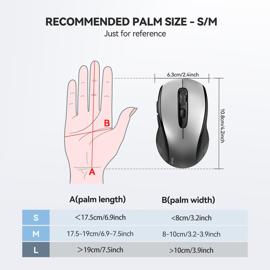 TECKNET Bluetooth Mouse, 4000DPI Wireless Mouse Computer Mice Bluetooth 5.0/3.0 and 2.4GHz Connectivity Mouse with 6 Adjustable DPI,18 Months Long Battery Life Cordless USB Mouse for Laptop PC