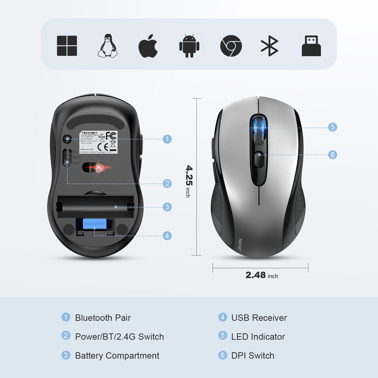 TECKNET Bluetooth Mouse, 4000DPI Wireless Mouse Computer Mice Bluetooth 5.0/3.0 and 2.4GHz Connectivity Mouse with 6 Adjustable DPI,18 Months Long Battery Life Cordless USB Mouse for Laptop PC