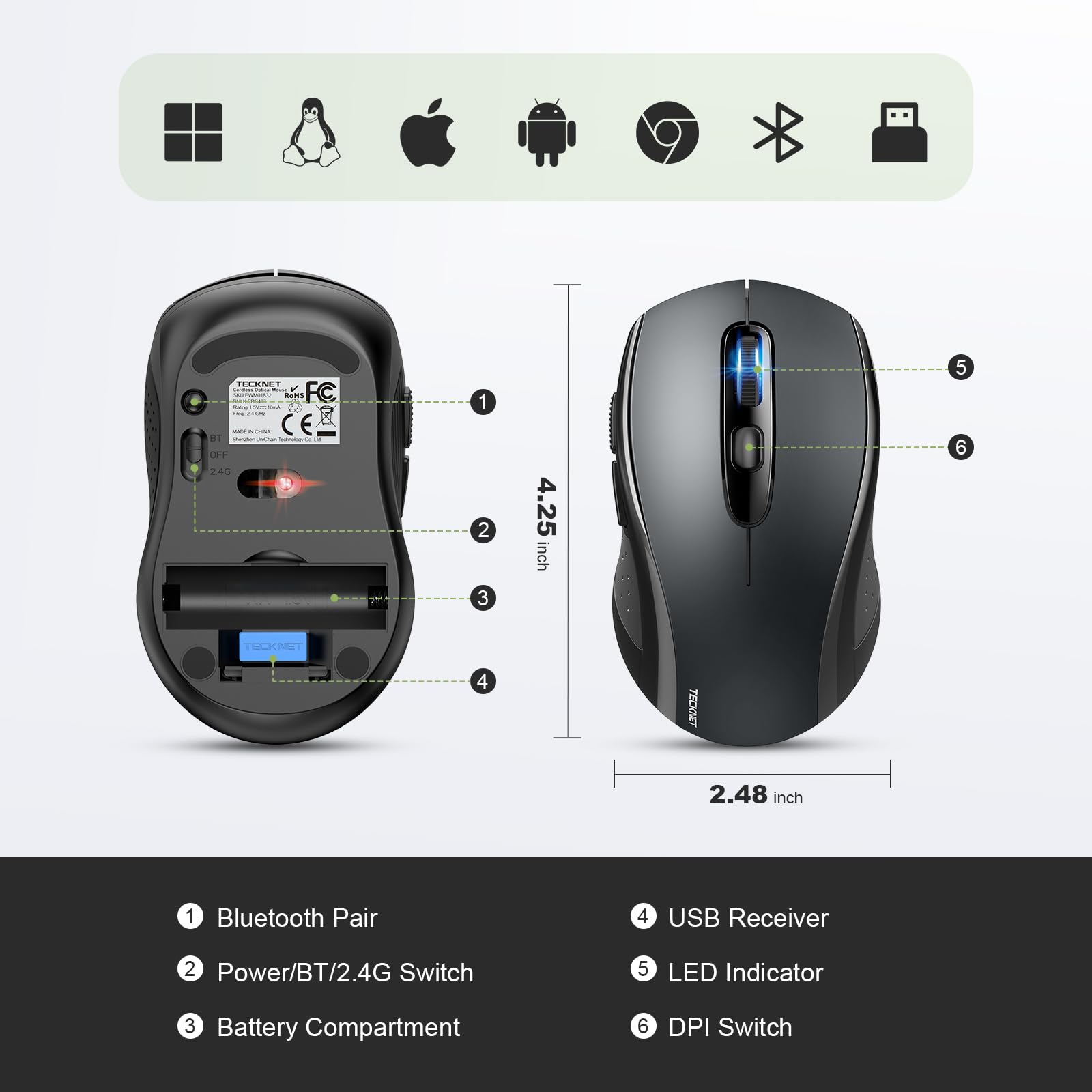 TECKNET Bluetooth Mouse, 4000DPI Wireless Mouse Computer Mice Bluetooth 5.0/3.0 and 2.4GHz Connectivity Mouse with 6 Adjustable DPI,18 Months Long Battery Life Cordless USB Mouse for Laptop PC