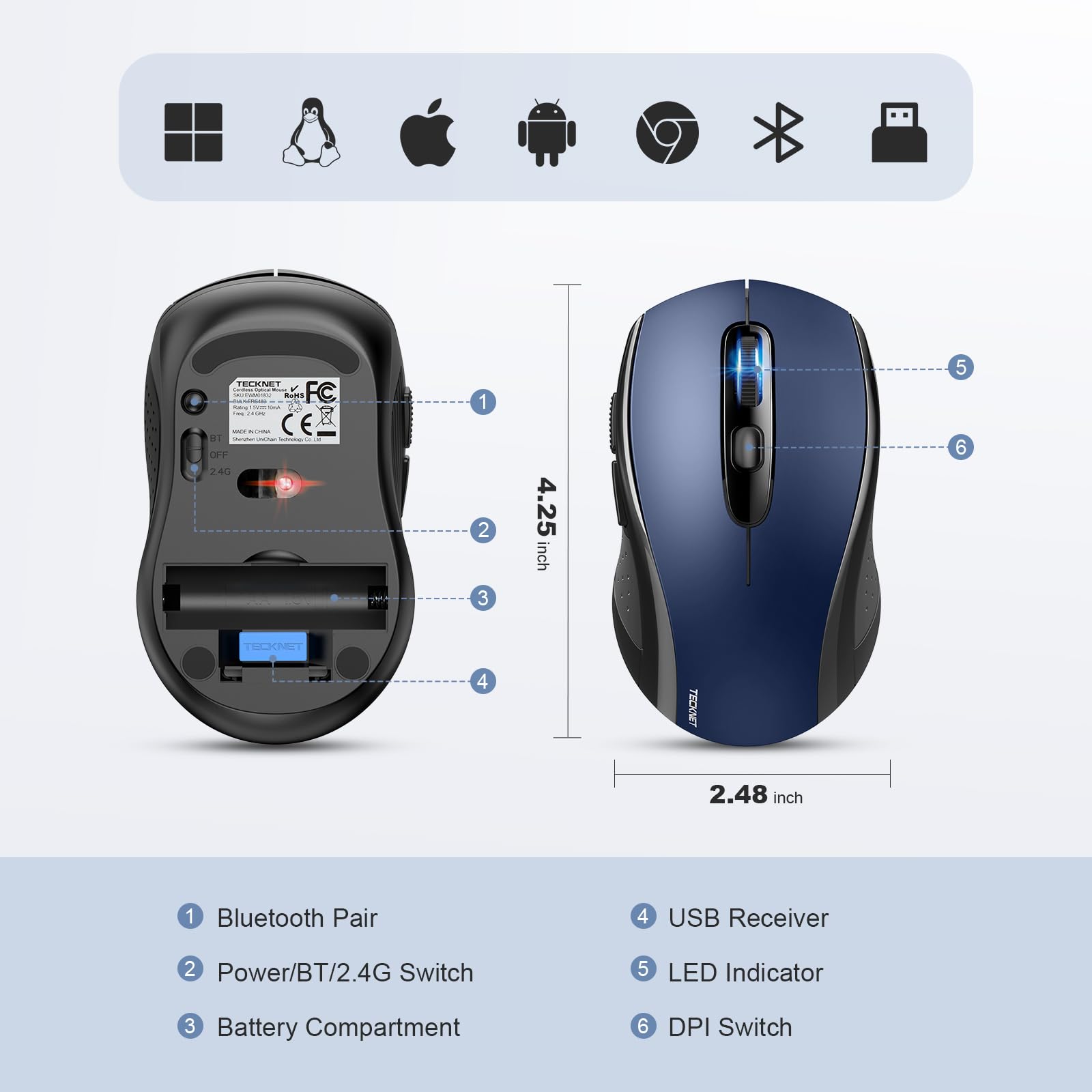 TECKNET Bluetooth Mouse, 4000DPI Wireless Mouse Computer Mice Bluetooth 5.0/3.0 and 2.4GHz Connectivity Mouse with 6 Adjustable DPI,18 Months Long Battery Life Cordless USB Mouse for Laptop PC