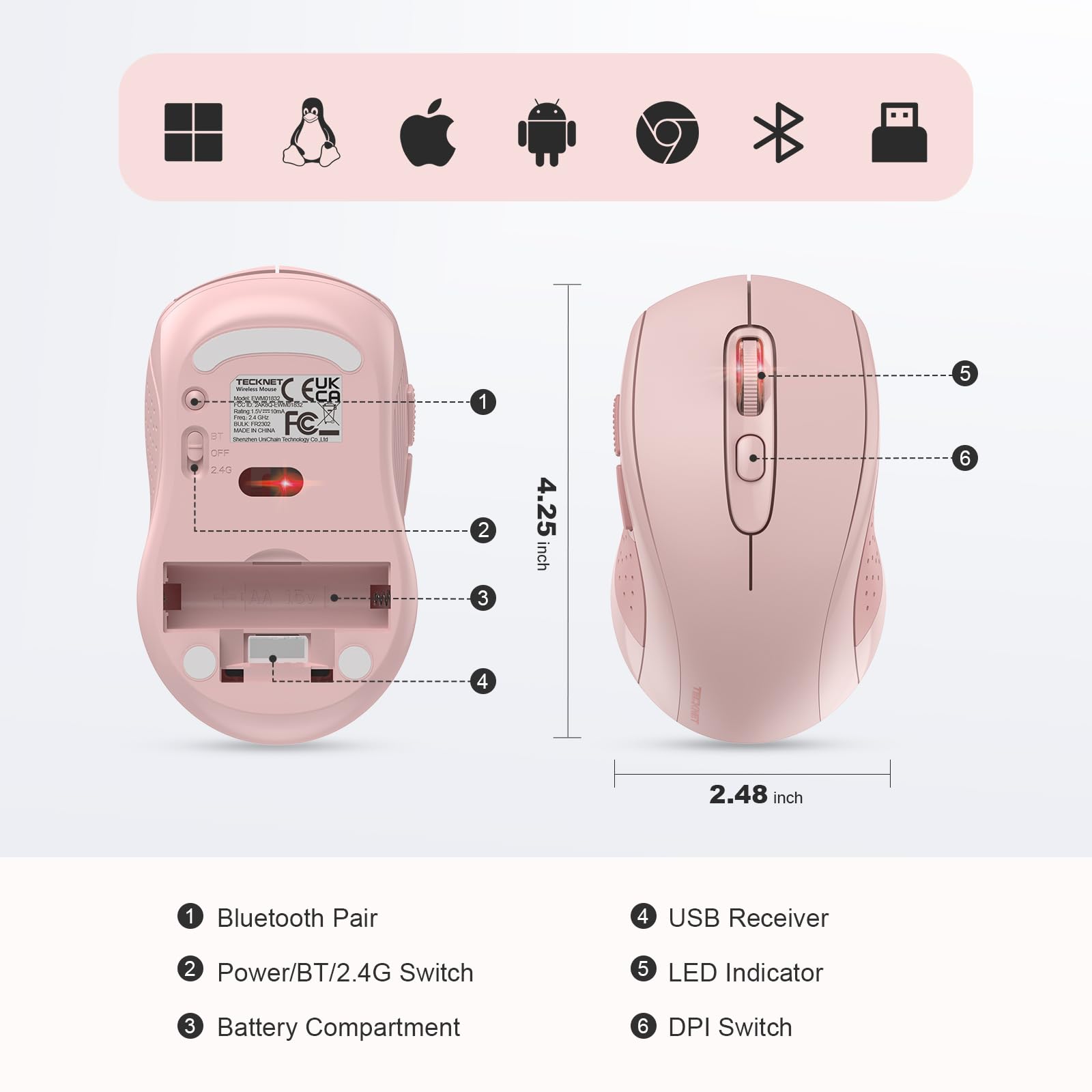 TECKNET Bluetooth Mouse, 4000DPI Wireless Mouse Computer Mice Bluetooth 5.0/3.0 and 2.4GHz Connectivity Mouse with 6 Adjustable DPI,18 Months Long Battery Life Cordless USB Mouse for Laptop PC