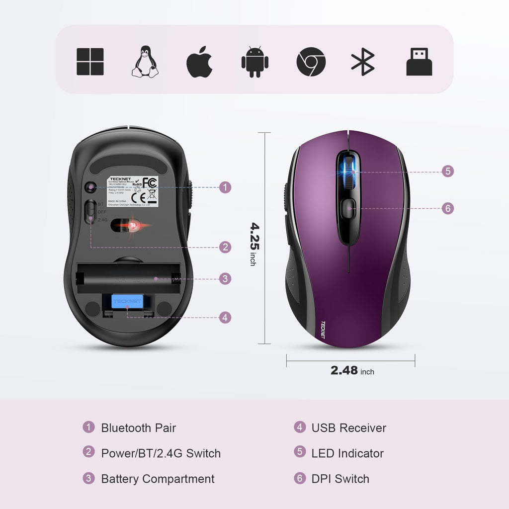 TECKNET Bluetooth Mouse, 4000DPI Wireless Mouse Computer Mice Bluetooth 5.0/3.0 and 2.4GHz Connectivity Mouse with 6 Adjustable DPI,18 Months Long Battery Life Cordless USB Mouse for Laptop PC