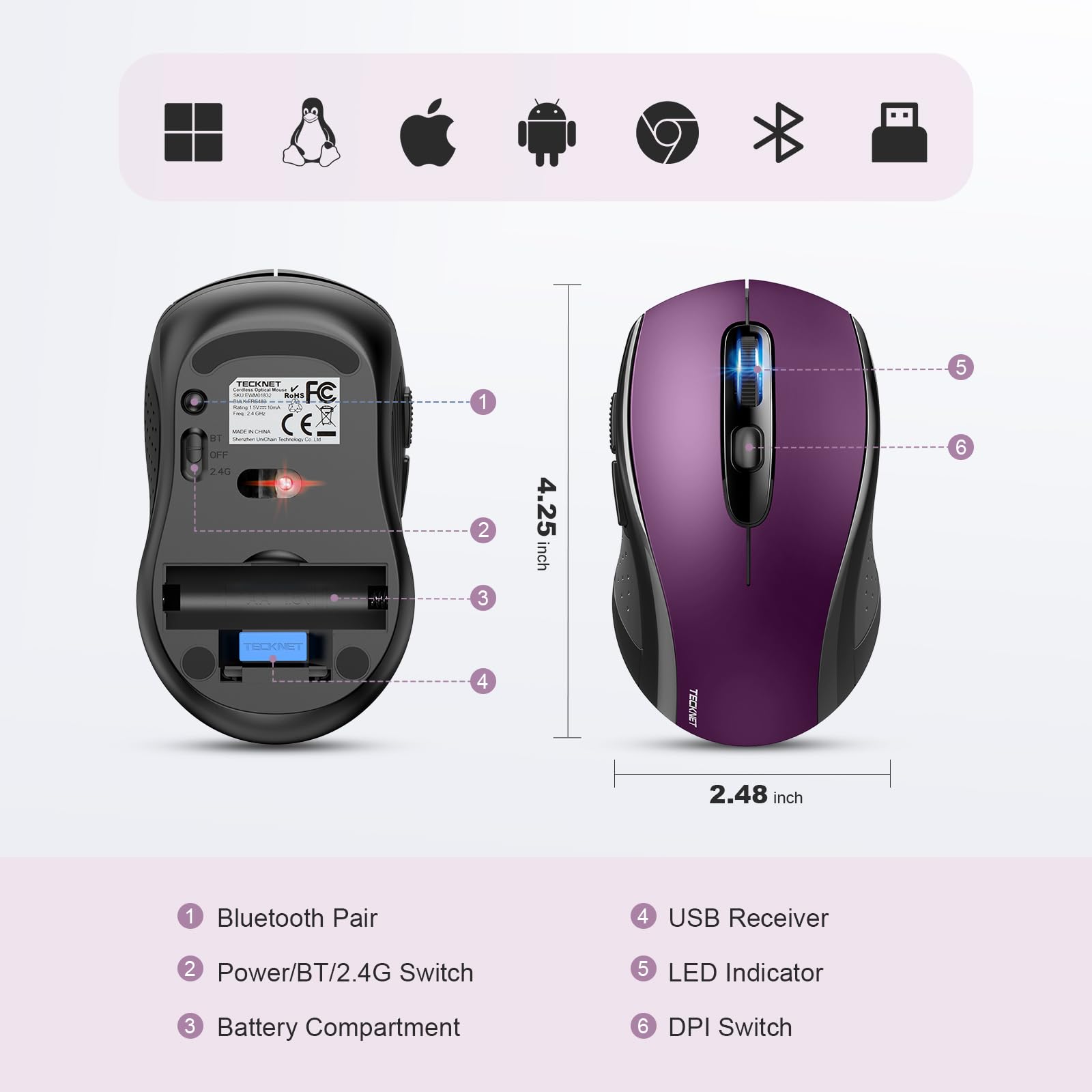 TECKNET Bluetooth Mouse, 4000DPI Wireless Mouse Computer Mice Bluetooth 5.0/3.0 and 2.4GHz Connectivity Mouse with 6 Adjustable DPI,18 Months Long Battery Life Cordless USB Mouse for Laptop PC