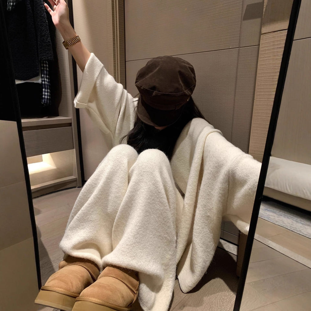 Knitted Women's Loose Sweater Cardigan Wide Leg Pants Two-piece Set