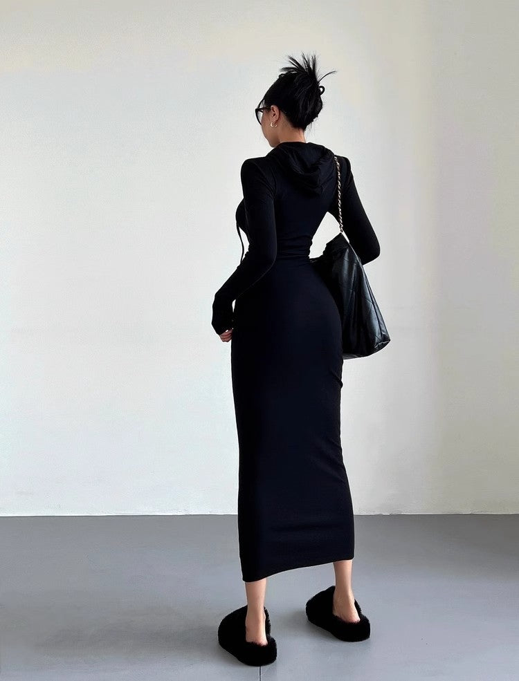 Women's Temperament Sheath Over The Knee Dress Hooded Long Sleeve Underwear Long Dress