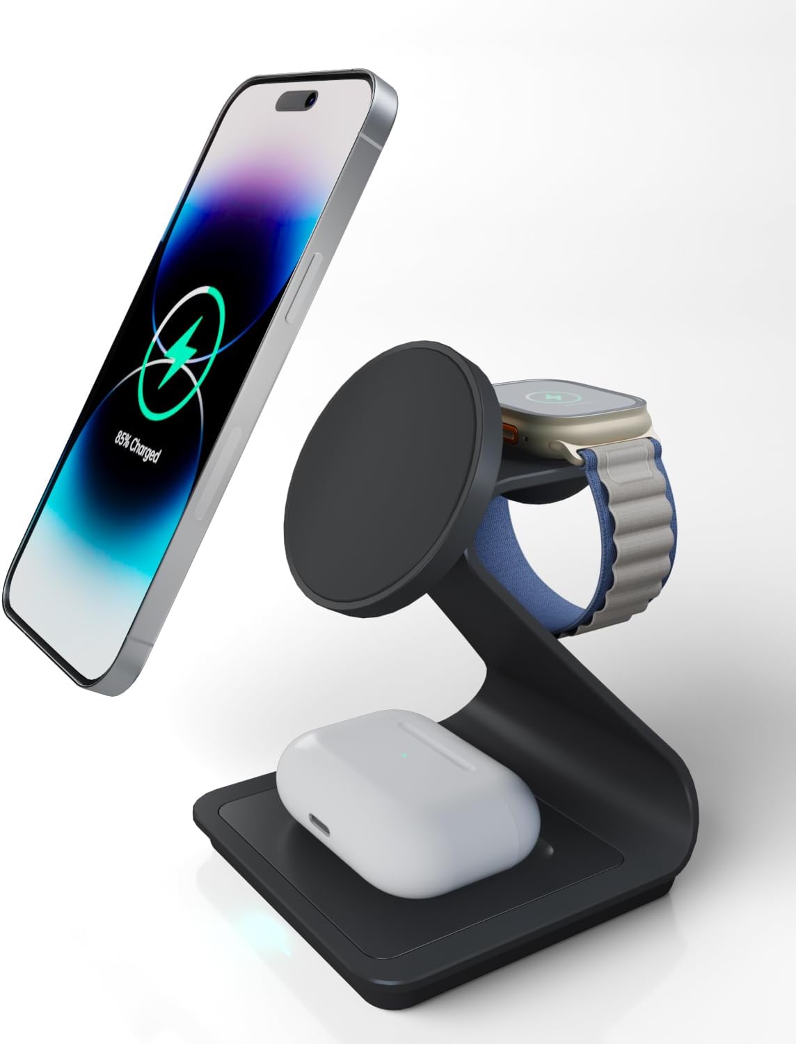 3 in 1 Wireless Charger For iPhone Apple Watch and AirPods Black Aluminium Alloy