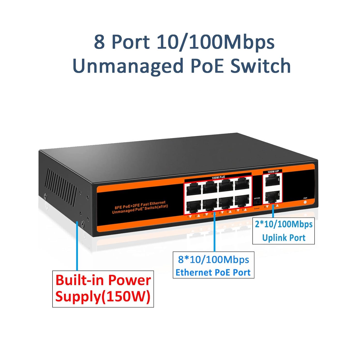 10-port 100Mbps PoE Switch with 2 UpLink ports 150W 802.3af/at Unmanaged