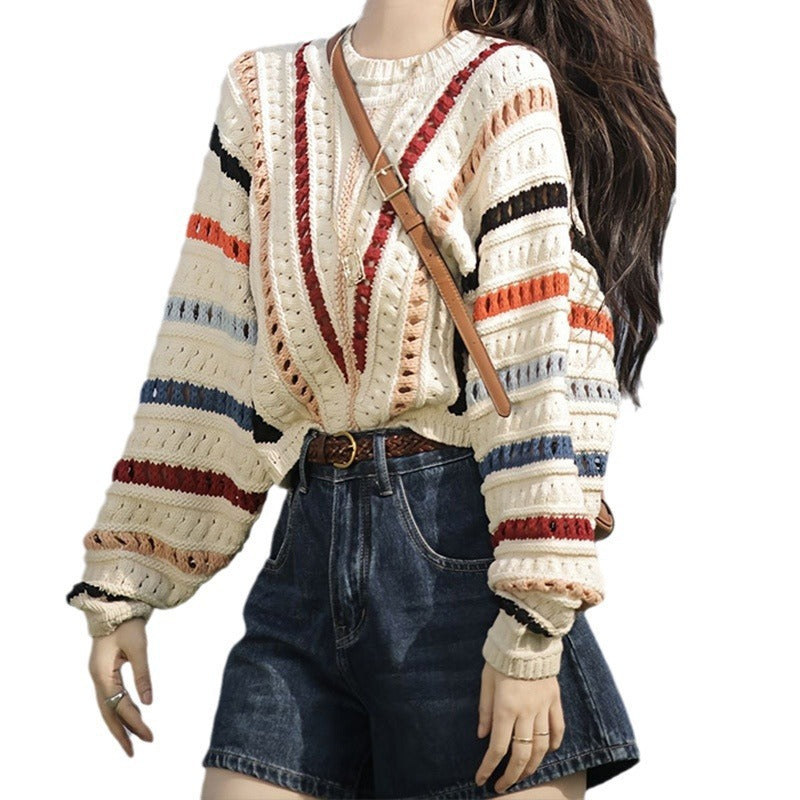 Retro Chic Rainbow Striped Hollow Sweater Round Neck Sweater