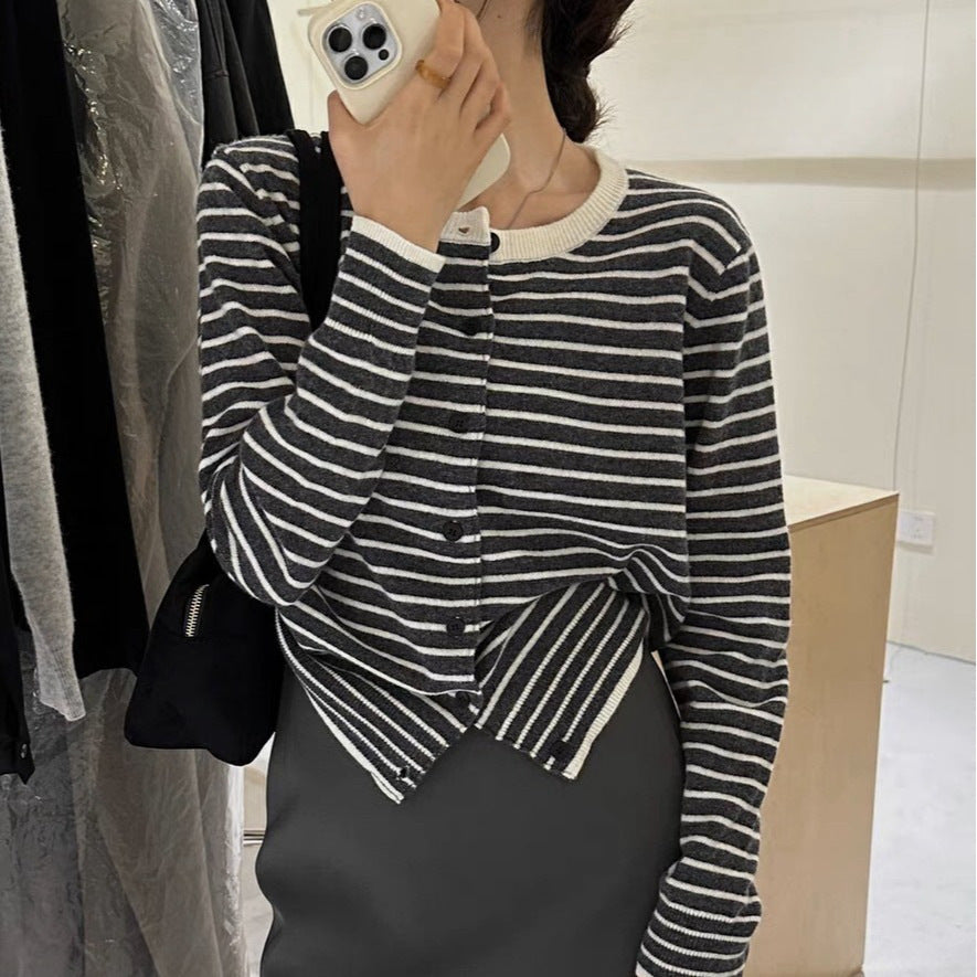 French Style Classic Style Striped Sweater Cardigan Coat For Women