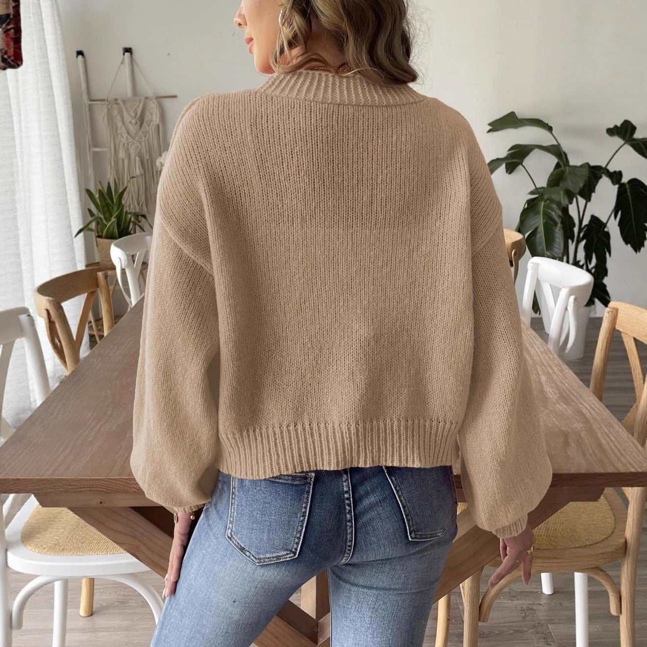 Women's Lantern Sleeve Simple Casual Short Sweater