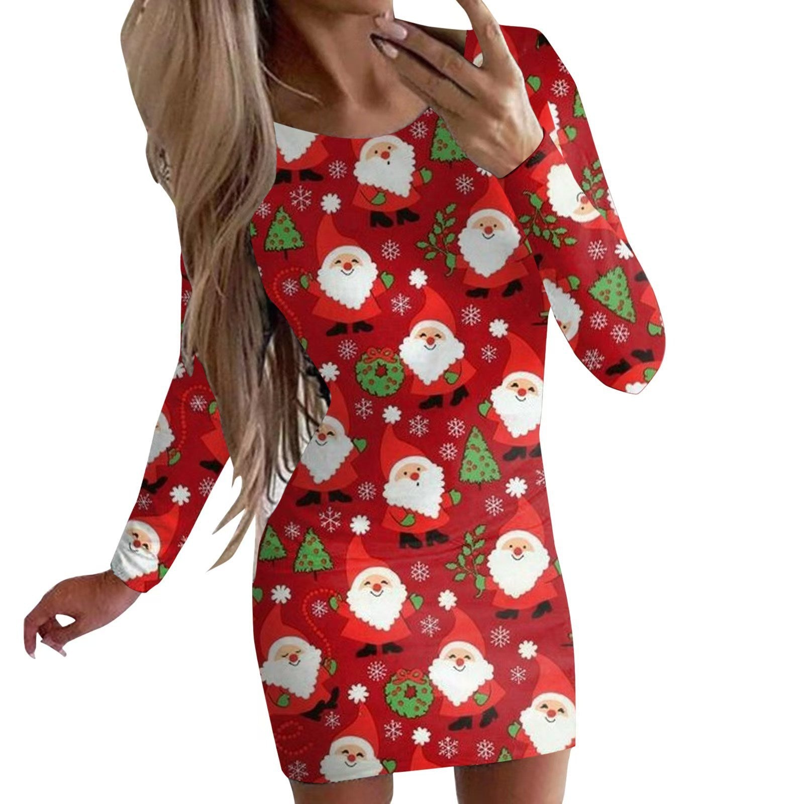 New Christmas Printed Round Neck Long Sleeve Narrow Dress