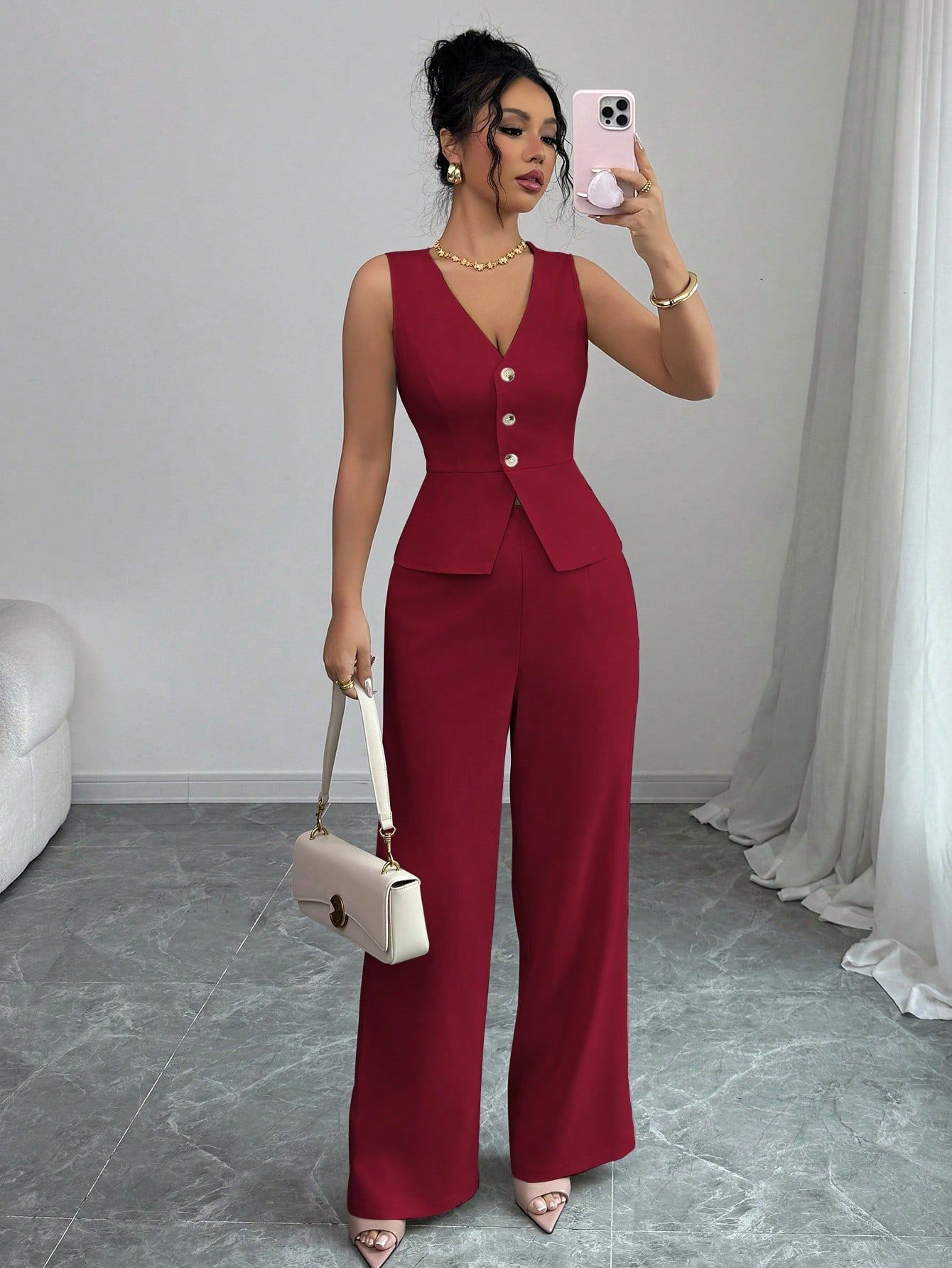 Solid Color Sleeveless Slim Fit Vest High Waist Trousers Two-piece Set