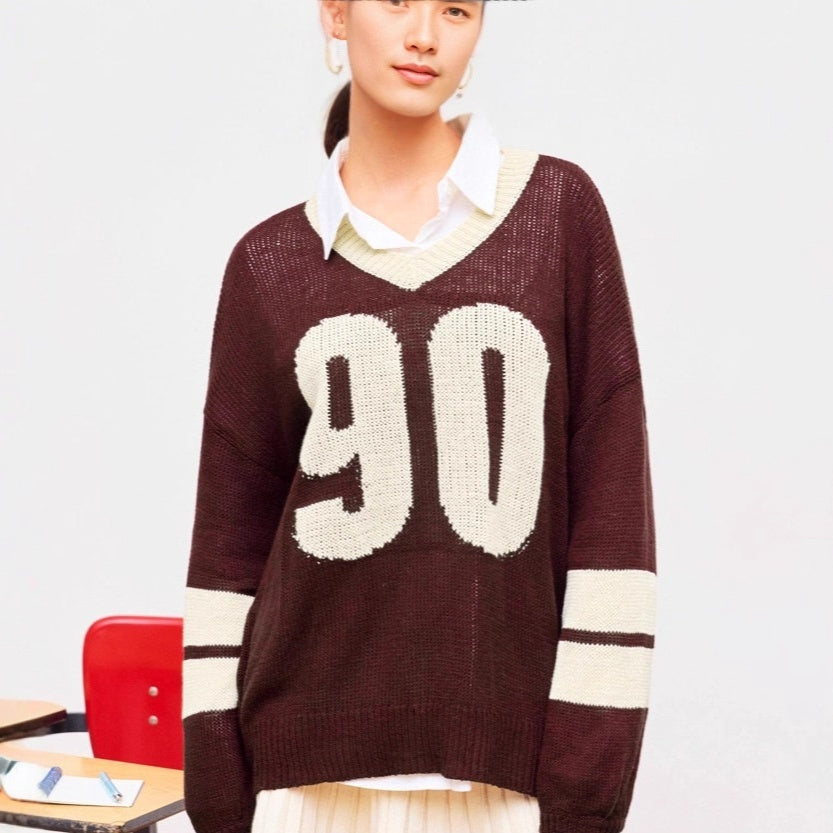Loose Letter Sweater Top V-neck Sports Style