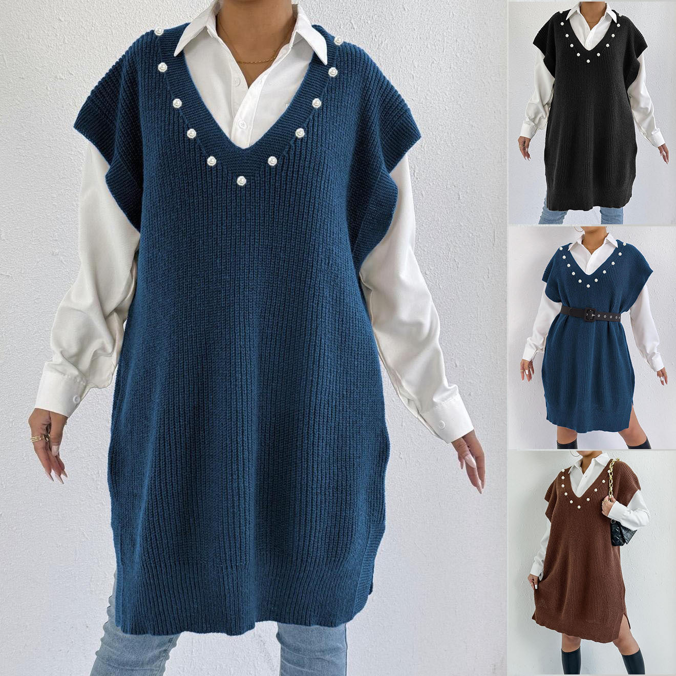 Preppy Style Casual Vest Dress V-neck Beaded Loose