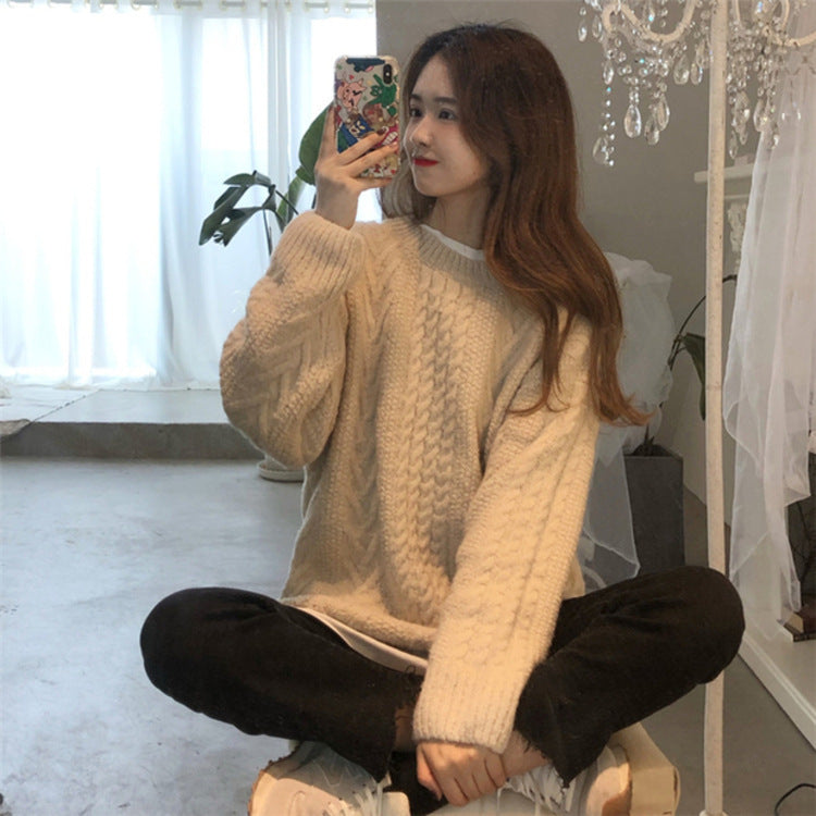 Thick Hemp Flowers Knitted Round Neck Sweater Retro Loose Top