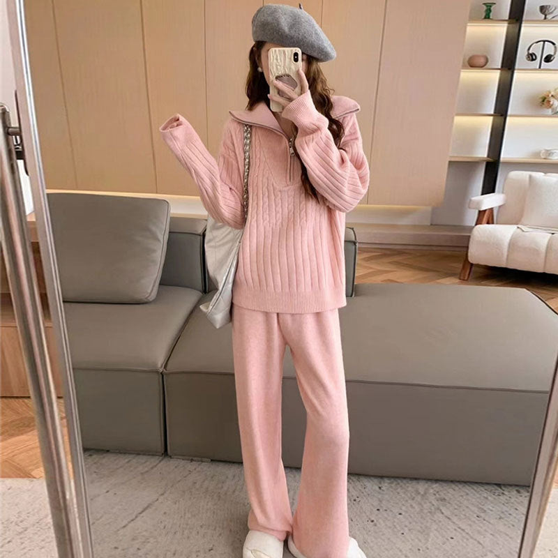 Turtleneck Zipper Lapel Pullover Long Sleeve Sweater Wide Leg Pants Two-piece Set