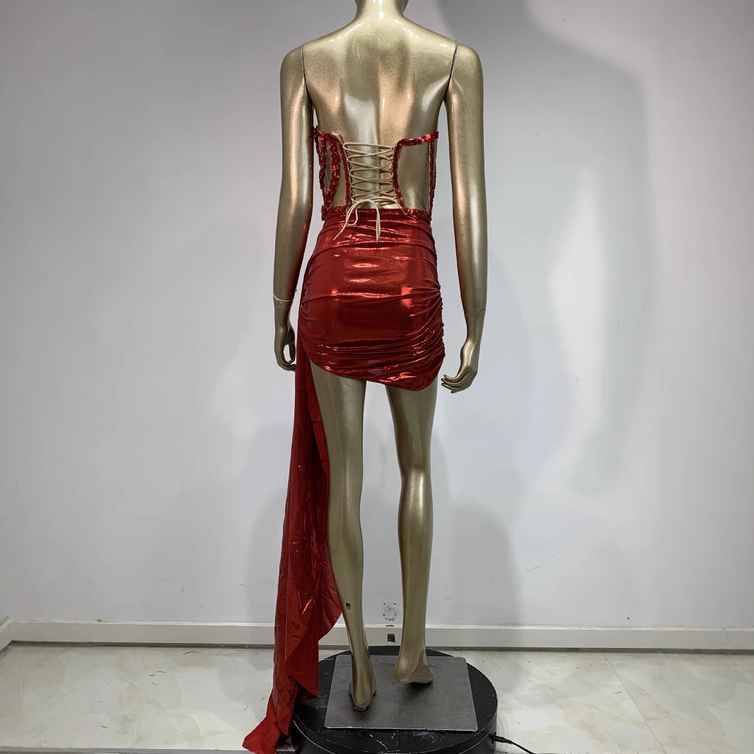 Sexy Skirt Suit Hollow Mesh See-through Banquet Company Party Stage Costume