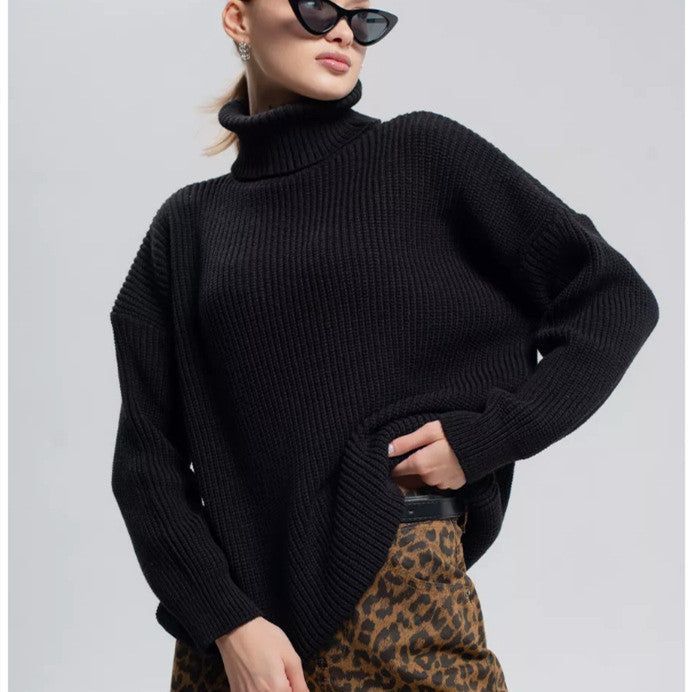 Women's Solid Color Casual High Neck Pullover Sweater