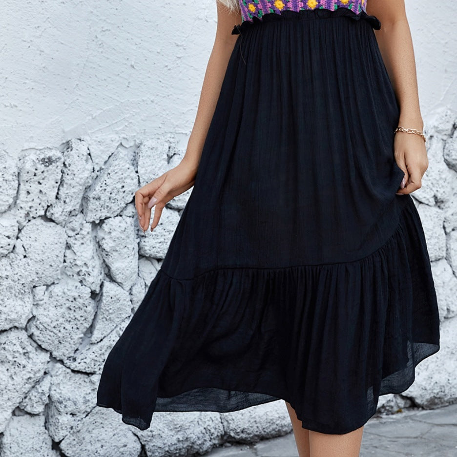 Hand Hook Flower Stitching Cotton Yarn Fabric Purple Sleeveless Dress