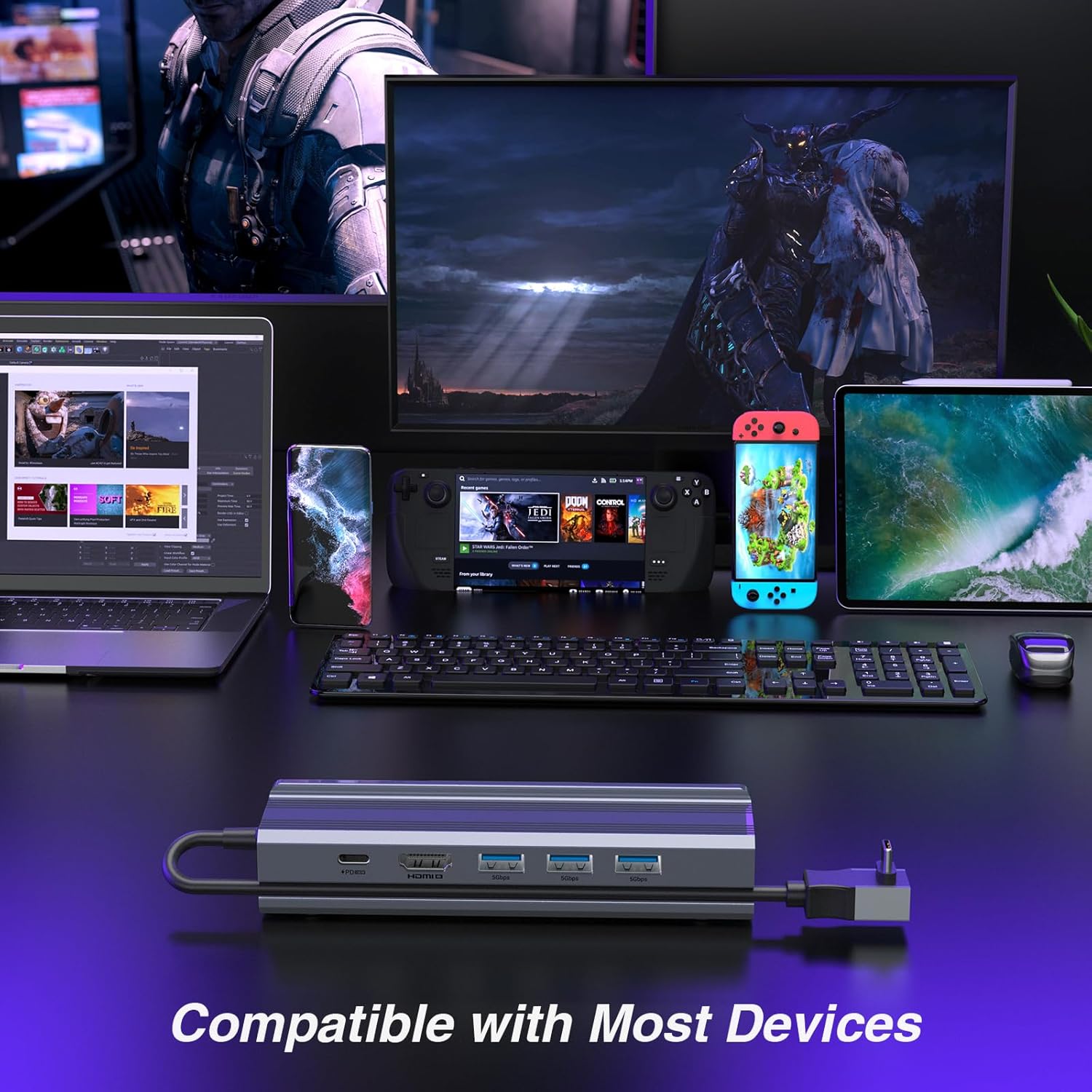 Steam Docking Station 6 in 1 USB C HDMI 2.0 4K@60Hz Ethernet USB A 3.0 and USB C