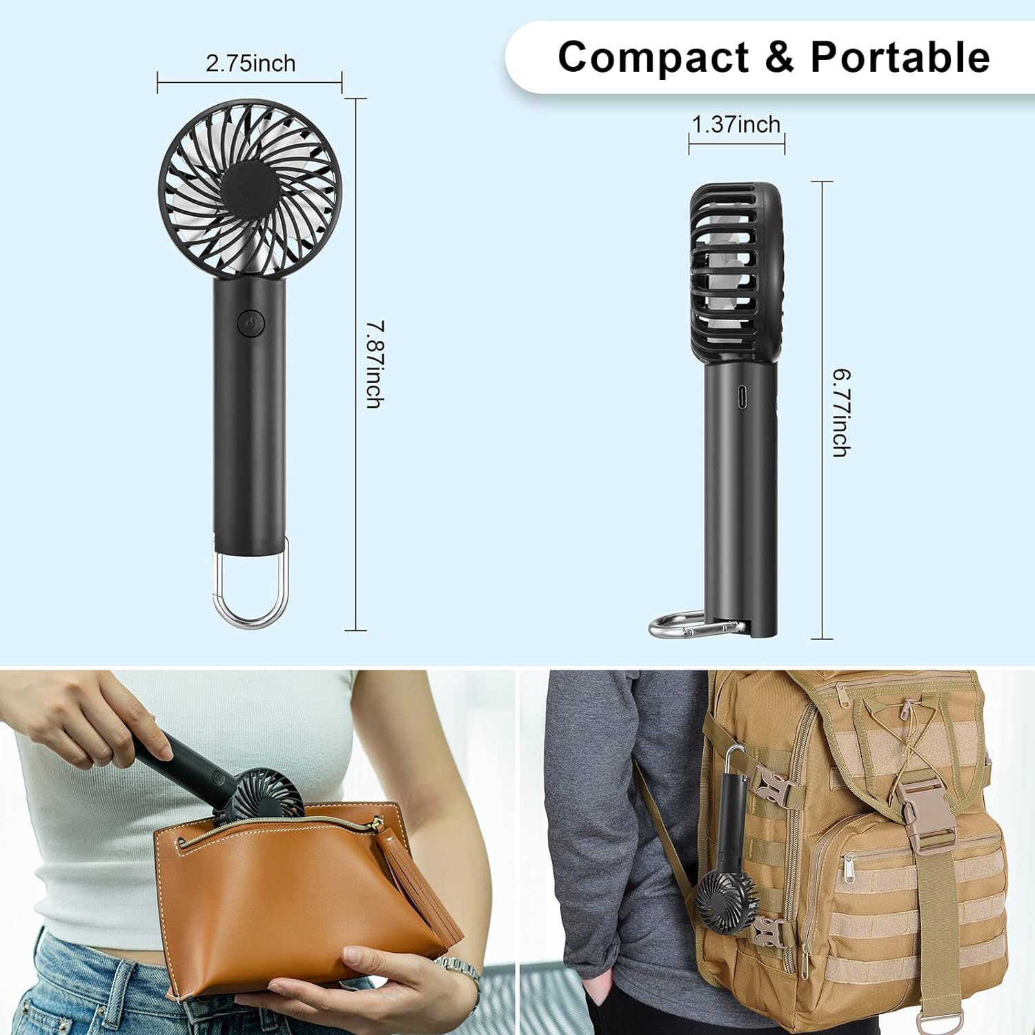 Portable Hand-held Fan Mini Fan Cooling USB Rechargeable 3 Speed With Clip Black