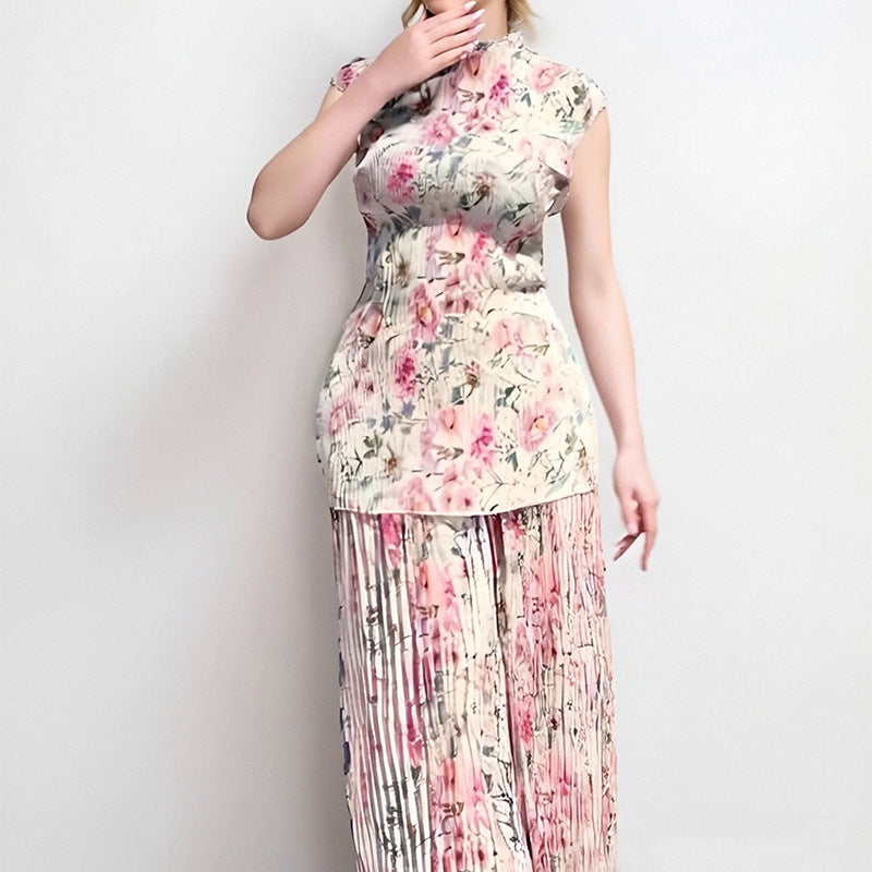 Long Sleeve Printed Chiffon Dress High Waist