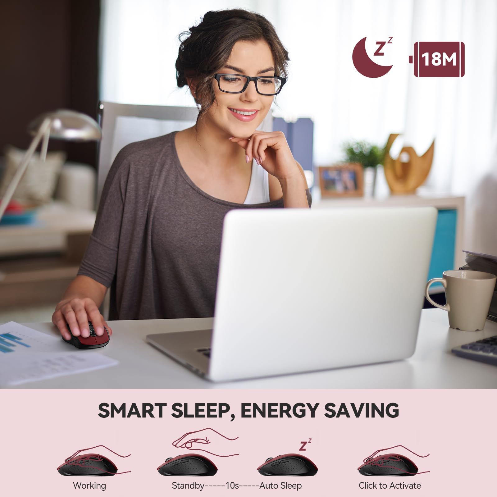 TECKNET Bluetooth Mouse, 4000DPI Wireless Mouse Computer Mice Bluetooth 5.0/3.0 and 2.4GHz Connectivity Mouse with 6 Adjustable DPI,18 Months Long Battery Life Cordless USB Mouse for Laptop PC