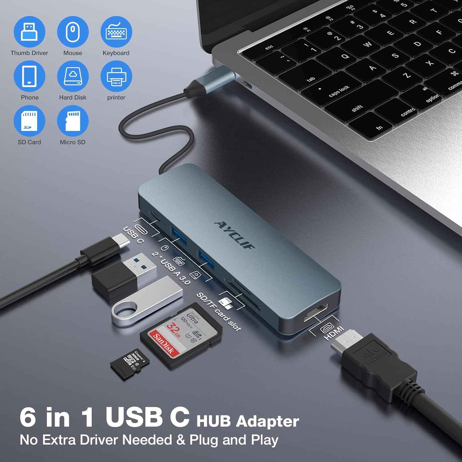 Docking Station 6 in 1 with 4K HDMI Output PD 100W USB 3.0 TF Card Reader