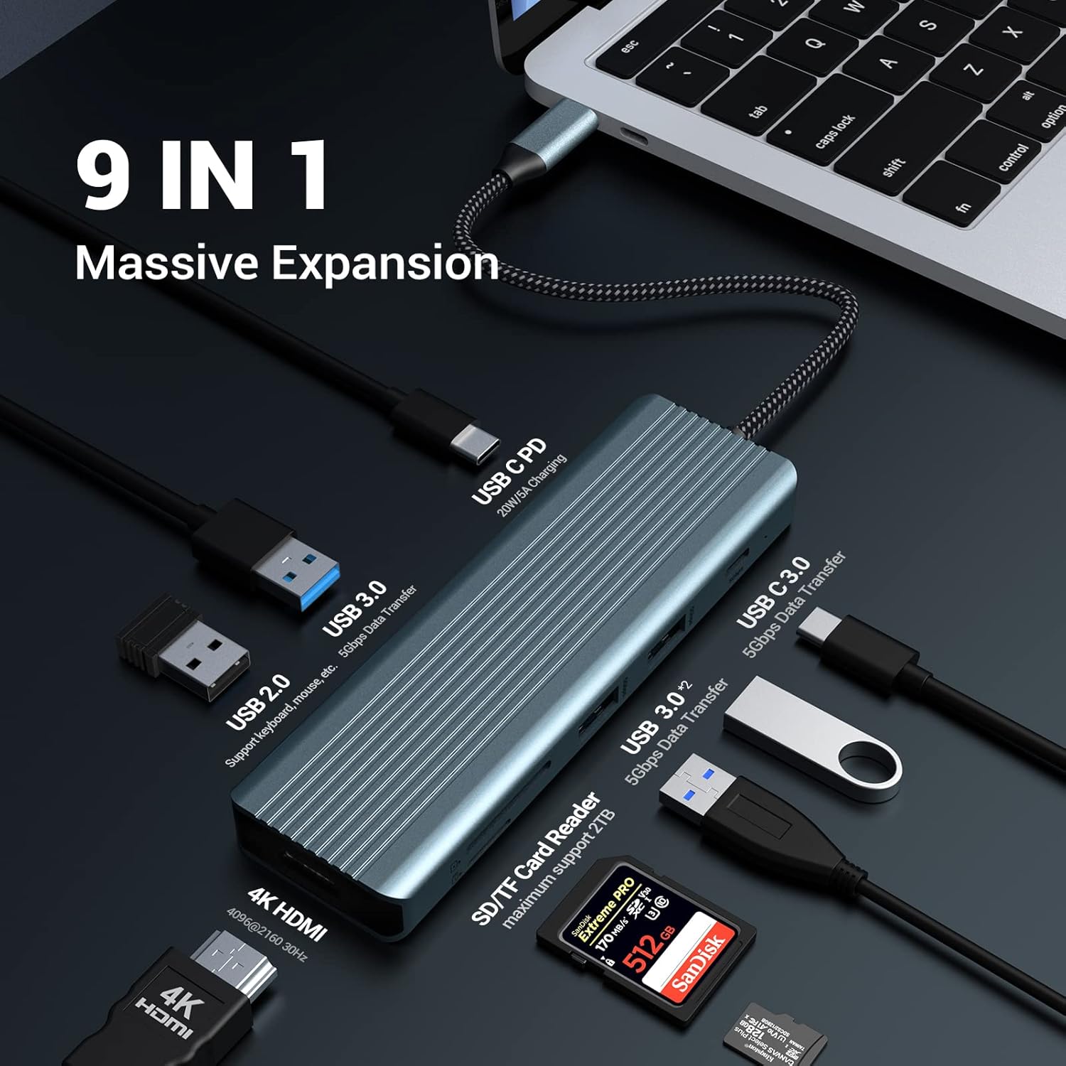 USB C Docking Station 9 in 1 HDMI 4K@30Hz HDMI SD/MicroSD & More