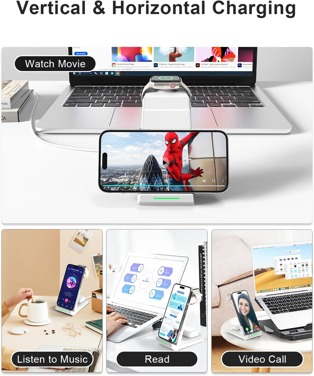 15W Fast Wireless Charger Dock 3-in-1 for iPhone Watch and AirPods in White