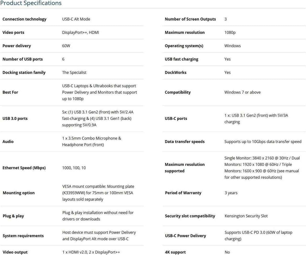 Kensington Universal Docking Station Triple Display Hub for MacBook and Windows