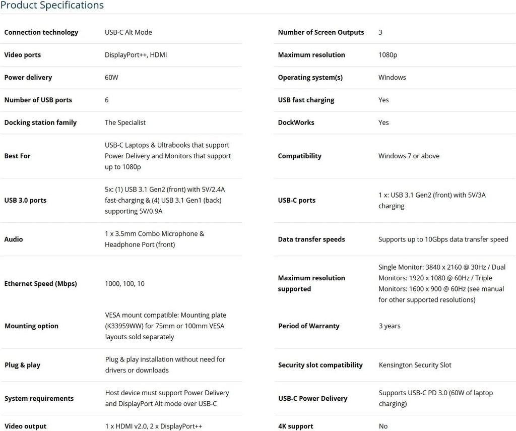 Kensington Universal Docking Station Triple Display Hub for MacBook and Windows