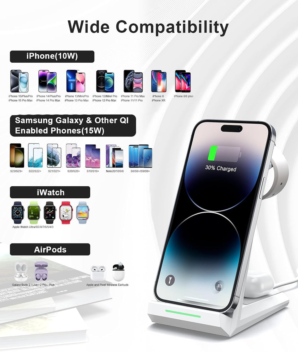 15W Fast Wireless Charger Dock 3-in-1 for iPhone Watch and AirPods in White