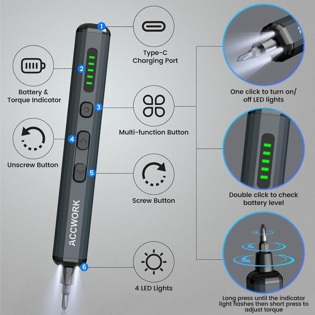 Mini Electric Screwdriver, 68 in 1 Precision Screwdriver Set with 64 Magnetic Bits, 5 Torque Settings, 4 LED Lights, Rechargeable Repair Tool Kit for Electronics, Phone, Camera, Laptop, Watch
