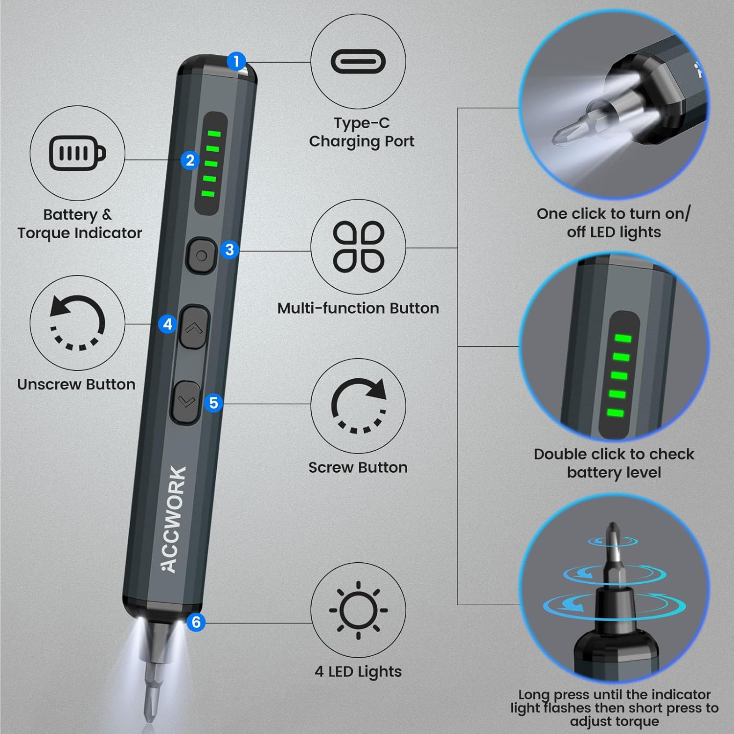 Mini Electric Screwdriver, 68 in 1 Precision Screwdriver Set with 64 Magnetic Bits, 5 Torque Settings, 4 LED Lights, Rechargeable Repair Tool Kit for Electronics, Phone, Camera, Laptop, Watch